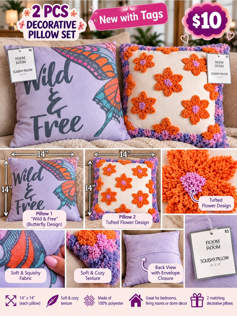 2-Piece Decorative Pillow Set - Lavender & Orange